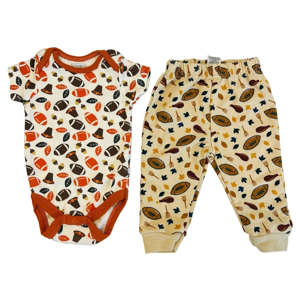 2x Chick Pea Baby Gear Thanksgiving Turkey Football onesie jogger sweatpants